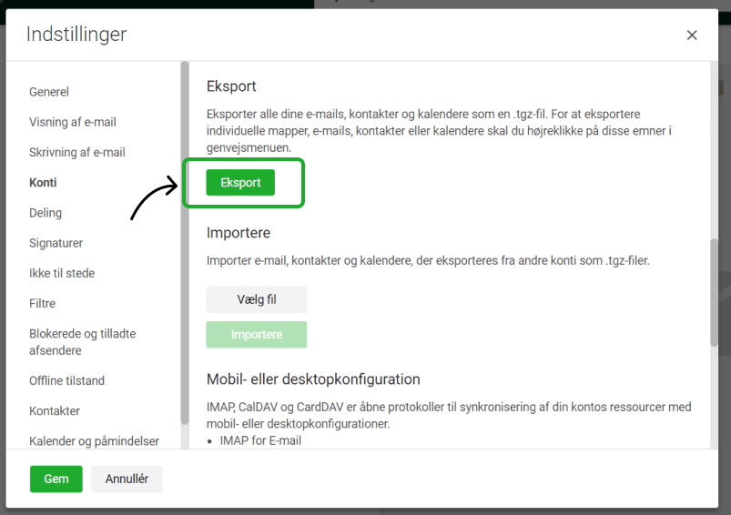 Tryk på knappen Eksport