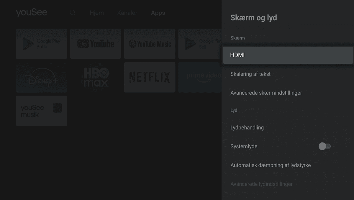 Mørk drop down-indstillingsmenu Skærm og lyd i højre side, hvor punktet HDMI er markeret øverst under sektionen Skærm.