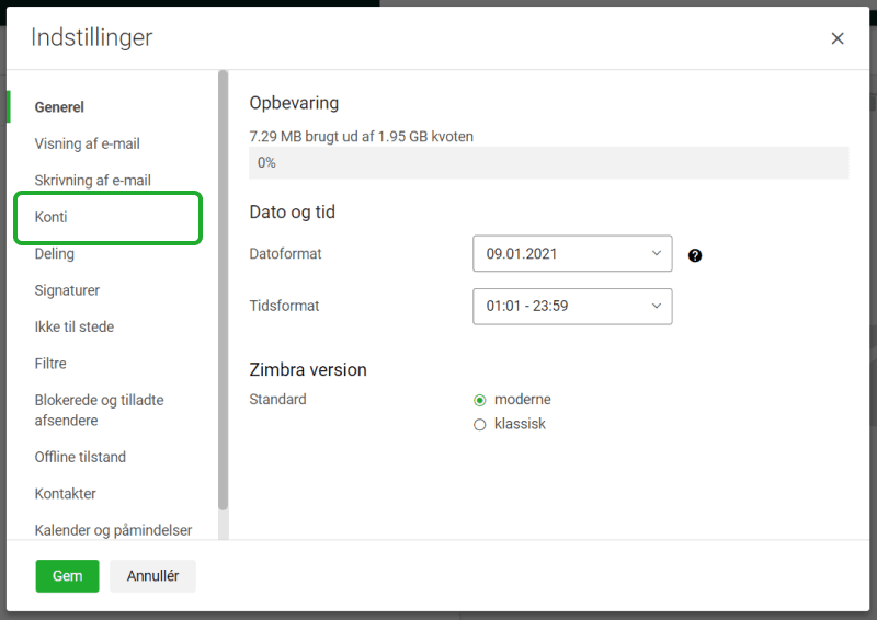 Vælg Konti i venstremenuen i det nye vindue