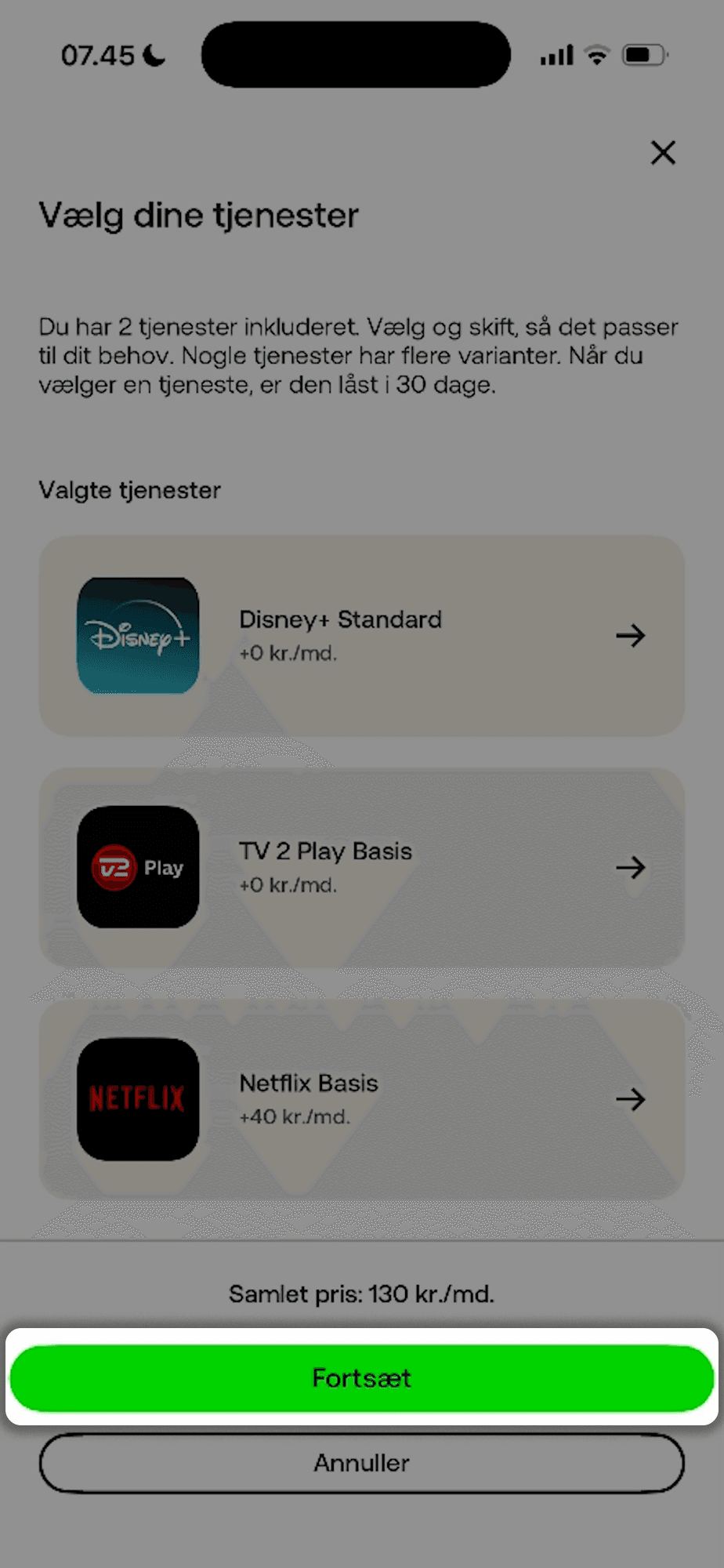 Oversigt over Valgte tjenester inkluderet i abonnement med Disney+, TV 2 Play og Netflix. Nederst er en grøn knap med "fortsæt" markeret. Under den er der en annuller-knap.
