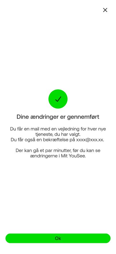 Bekræftelsesside med grøn flueben der viser at ændringer i Mit YouSee er gennemført