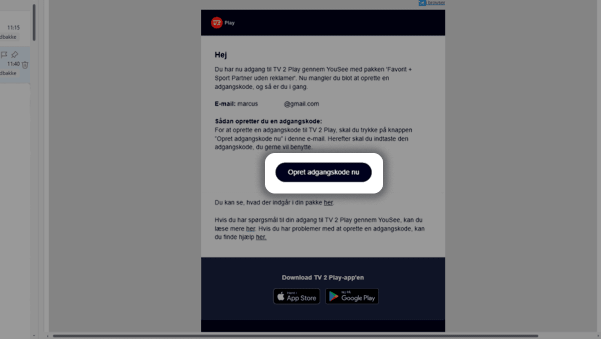 E-mail fra TV 2 Play med vejledning til oprettelse af adgangskode til Favorit + Sport Partner-pakken gennem YouSee