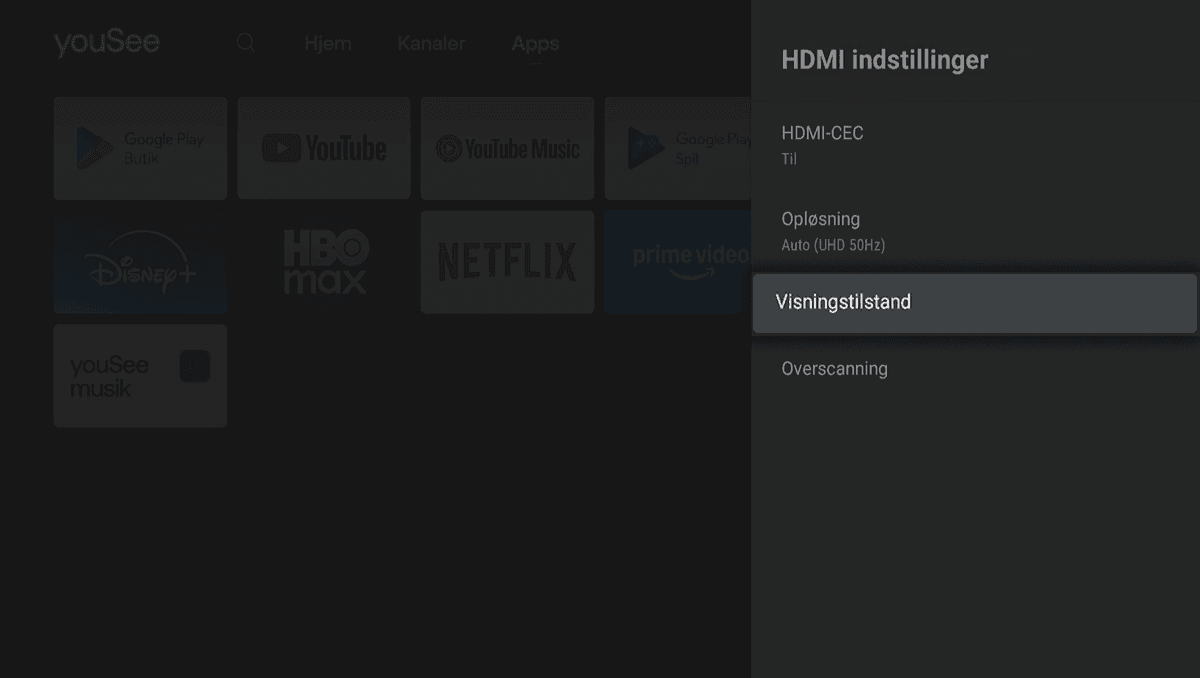 Mørk drop down-indstillingsmenu for HDMI‑indstillinger, hvor punktet Visningstilstand er markeret i højre side.