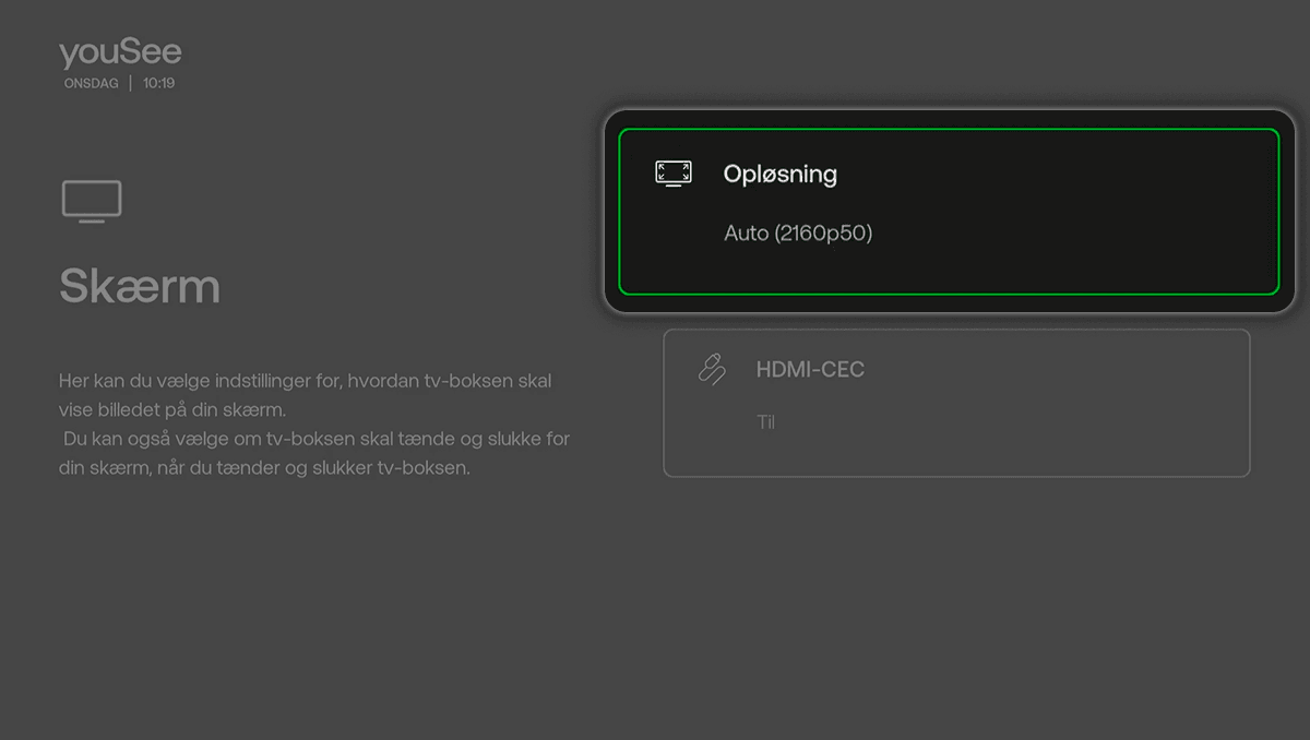 YouSee tv-boks skærmindstillinger med opløsning sat til Auto 2160p50 og HDMI-CEC slået til