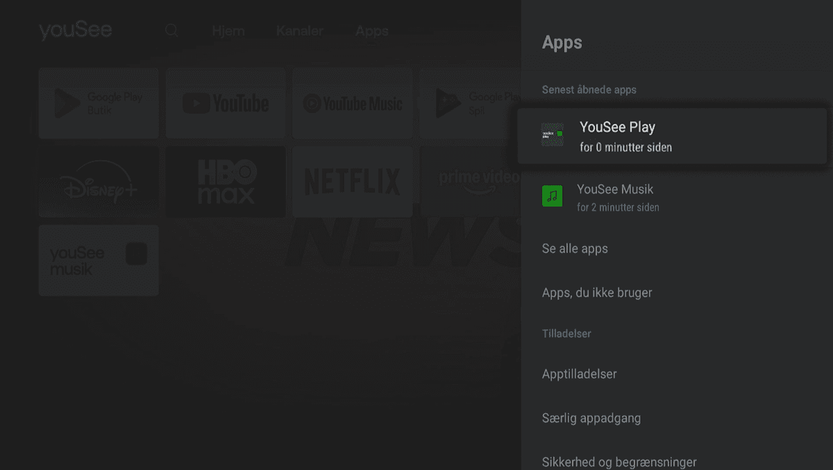 Mørk drop down menu i højre side, hvor YouSee Play er fremhævet øverst under Apps som senest åbnet app.