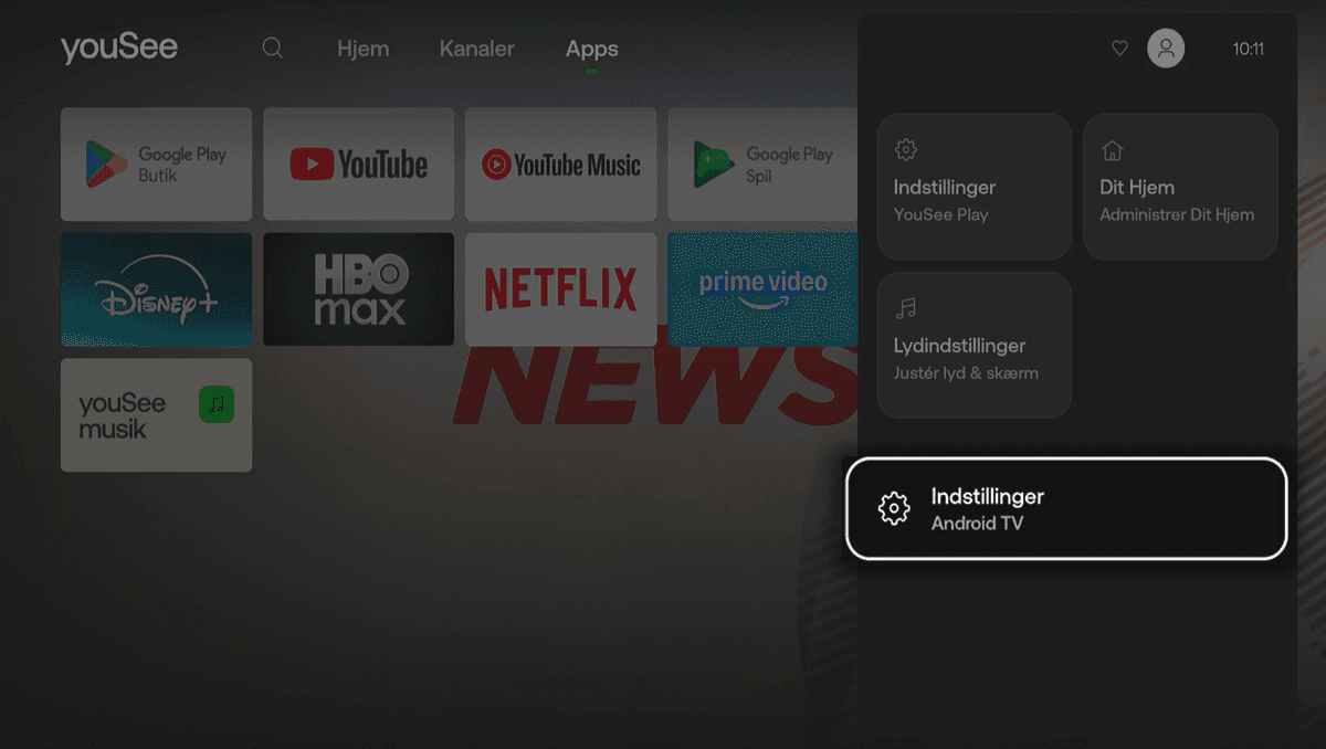 Mørk drop down menu i højre side, hvor Indstillinger (Android TV) er fremhævet og valgt nederst i menuen.
