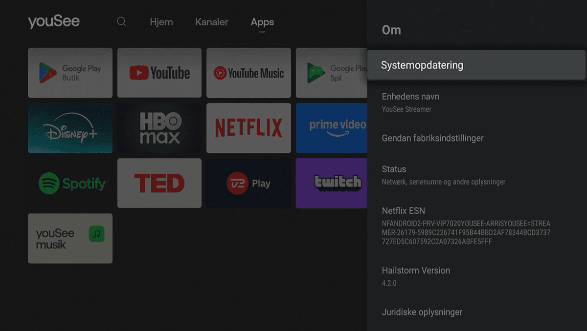 Mørk drop down menu i højre side, hvor Systemopdatering er fremhævet og valgt under Om.