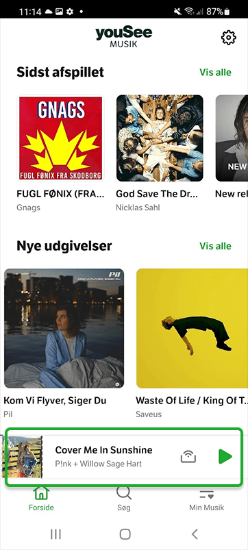 Billedet viser, hvordan du åbner køen ved at trykke på den sang, der spiller.