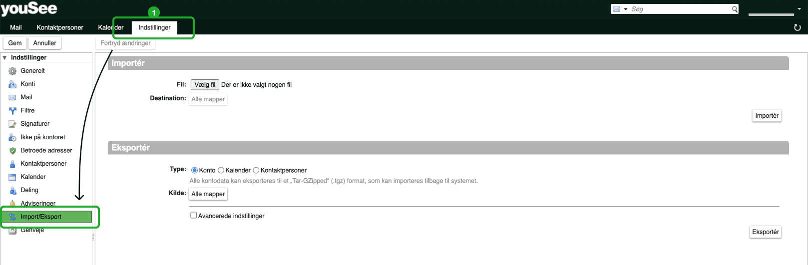 Tryk på indstillinger og tryk derefter på import/eksport i venstremenuen