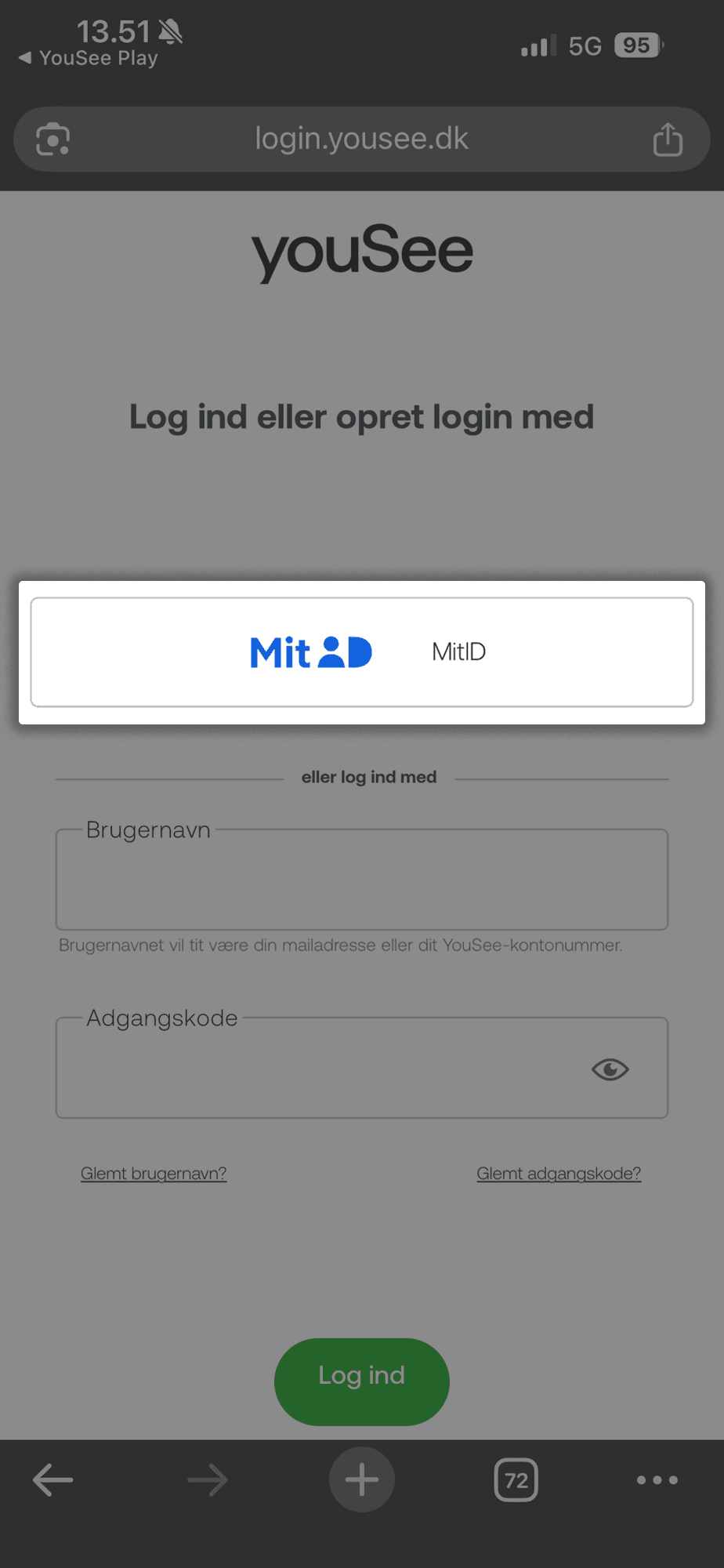 YouSee loginside på mobil med MitID-knap og felter til brugernavn og adgangskode. MitID-knappen er markeret.