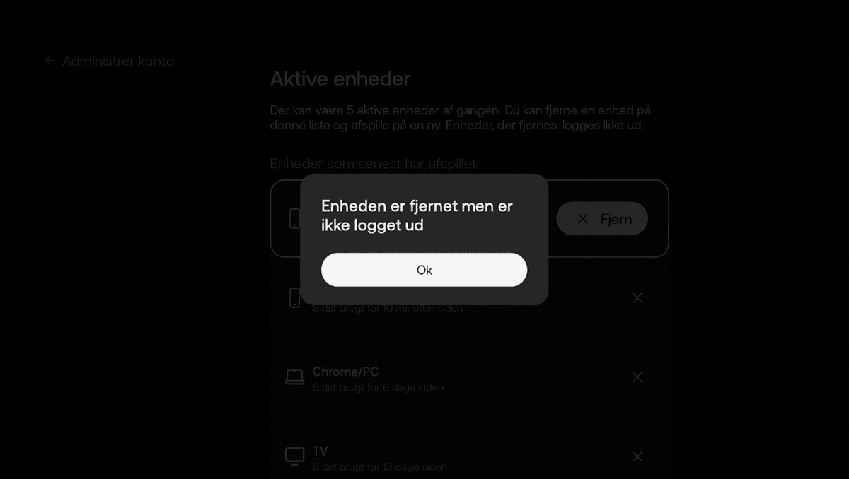 Dialogboks med meddelelse om at enhed er fjernet, men ikke logget ud med OK-knap til bekræftelse.