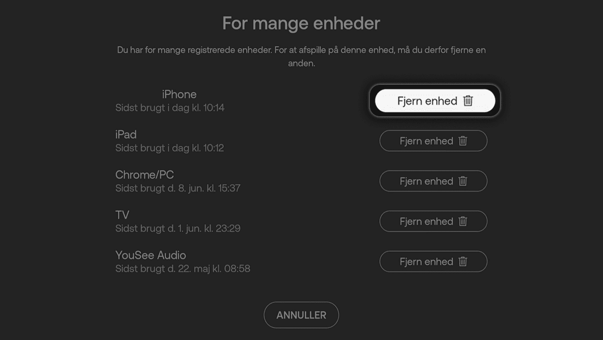 Liste over registrerede enheder med mulighed for at fjerne hver enhed individuelt via fjern enhed-knap. Fjern enhed-knap uden for iPhone er markeret og valgt.