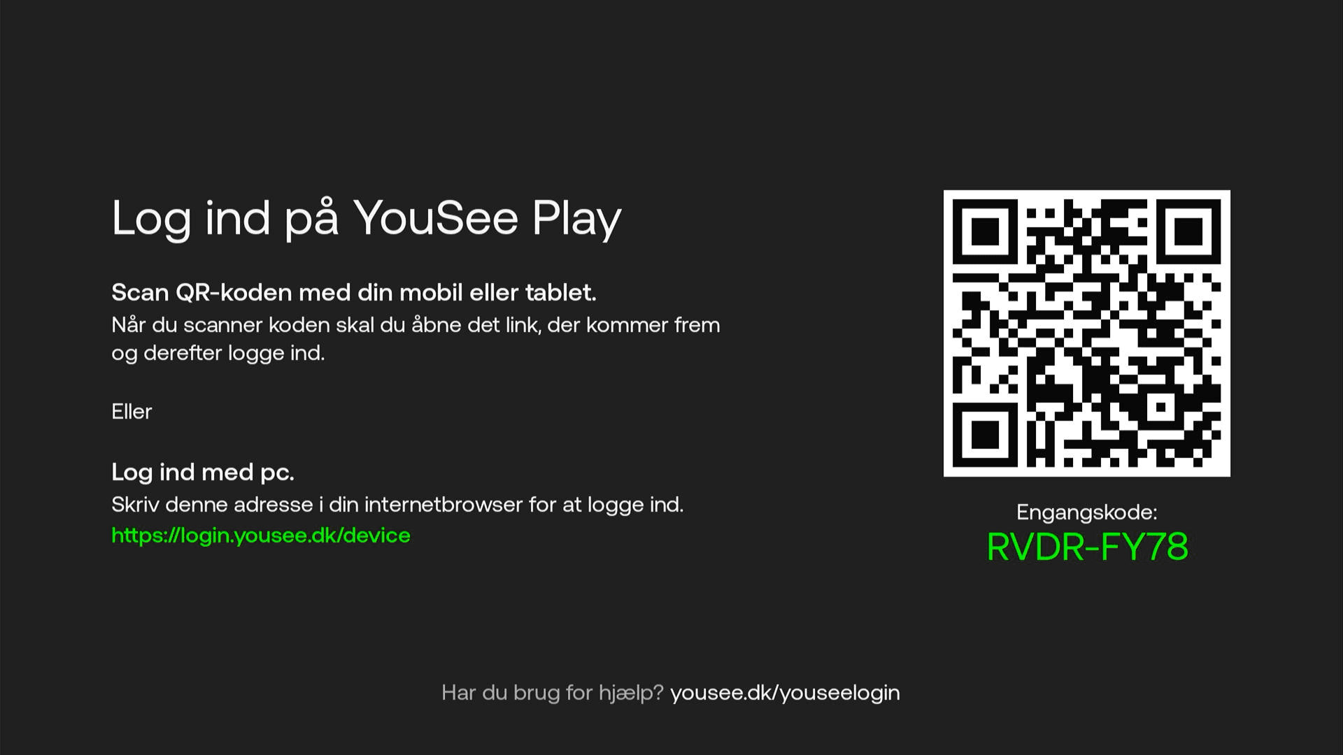 YouSee Play login skærm med QR-kode og engangskode under, som bruges til at logge ind på YouSee Play