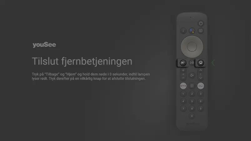 Mørk skærm med en YouSee‑fjernbetjening i højre side, hvor Tilbage‑ og Hjem‑knapperne er markeret for tilslutning.