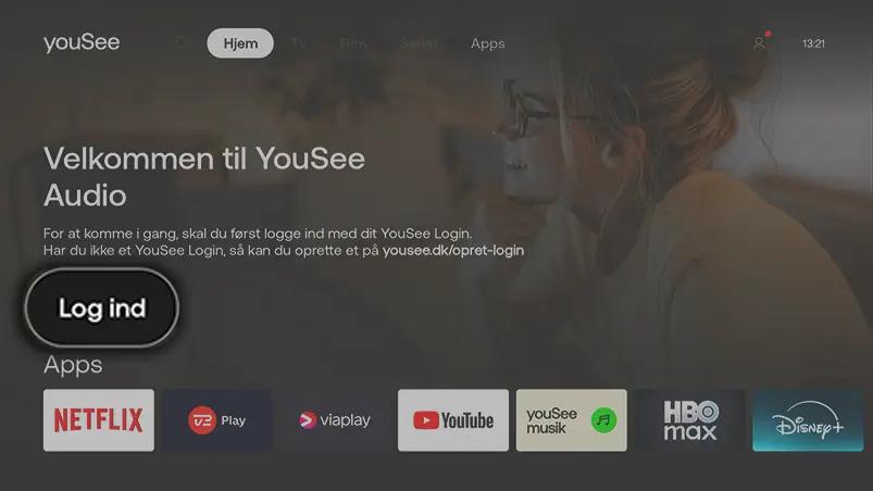 Velkomstskærm på YouSee Audio med log ind-knap til YouSee Play fremhævet.