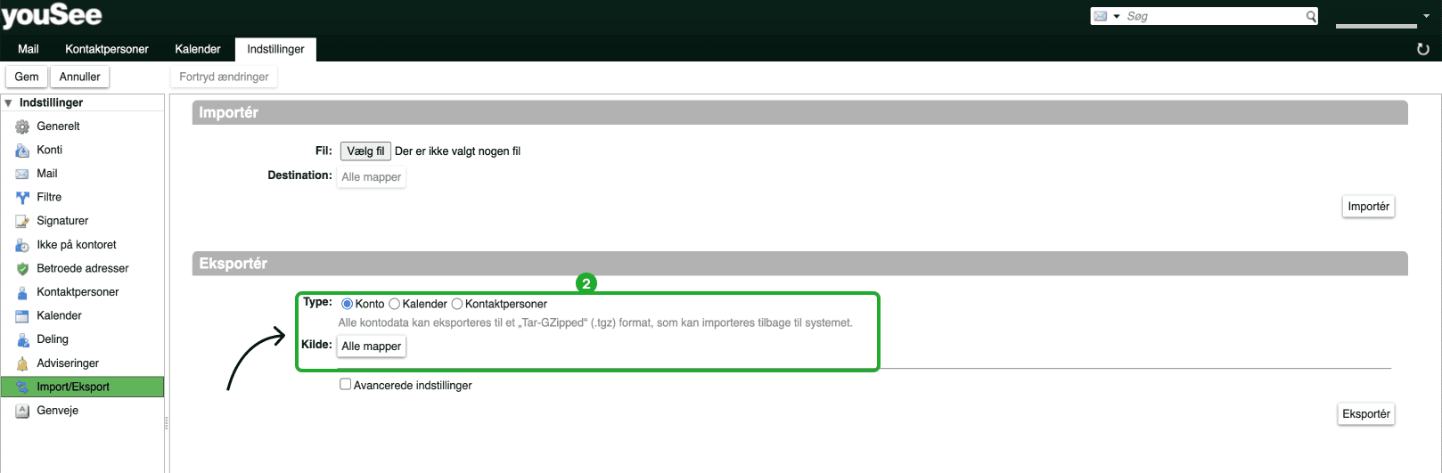 Vælg det som du gerne vil eksportere