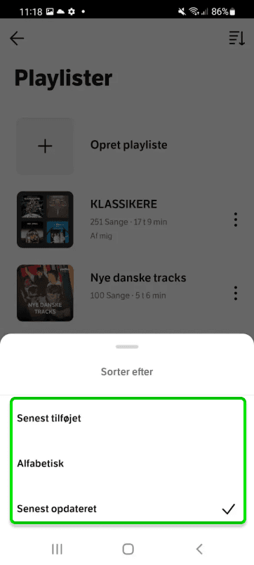 Billedet viser, hvordan du sorterer dine playlister