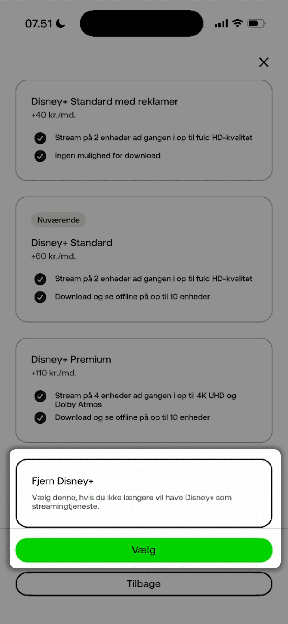 Oversigt over Disney Plus abonnementstyper med priser og funktioner samt dialogboks til fjernelse af tjenesten