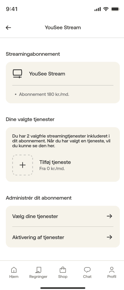 Skærmbillede af YouSee Stream-app med abonnementsdetaljer, valgte tjenester og administrationsmuligheder