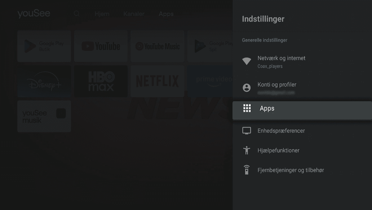 Mørk drop down menu i højre side, hvor Apps er fremhævet og valgt under Indstillinger.