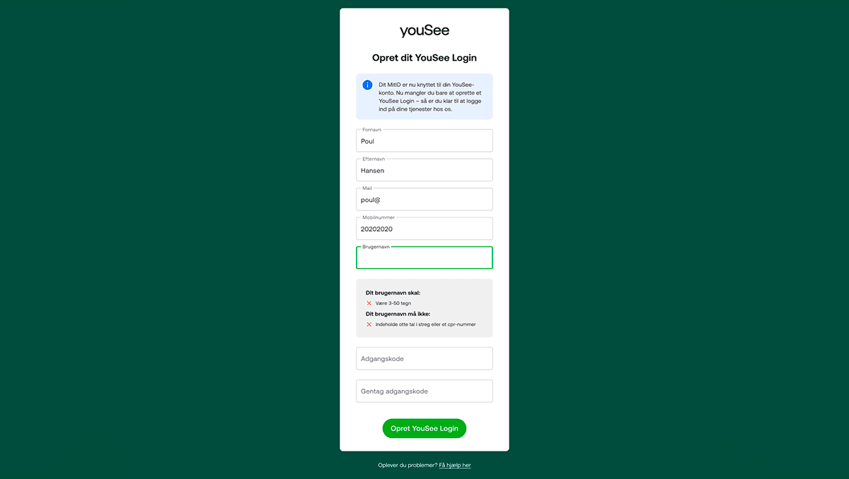 Billedet viser YouSee formular til oprettelse af YouSee Login. Her skal du udfylde navn, mobilnummer, brugernavn og adgangskode, og trykke på den grønne knap ‘Opret login’.