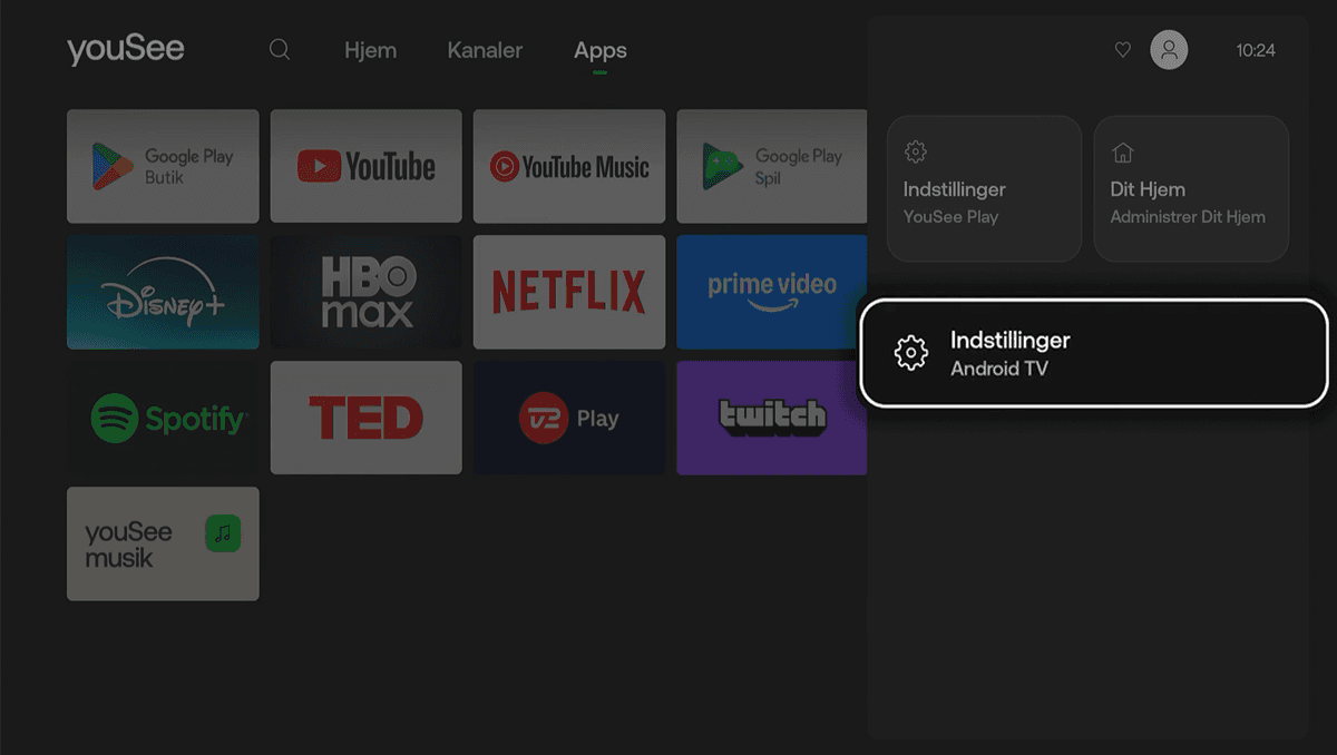 Mørk drop down menu i højre side, hvor Indstillinger (Android TV) er fremhævet og valgt nederst i menuen.
