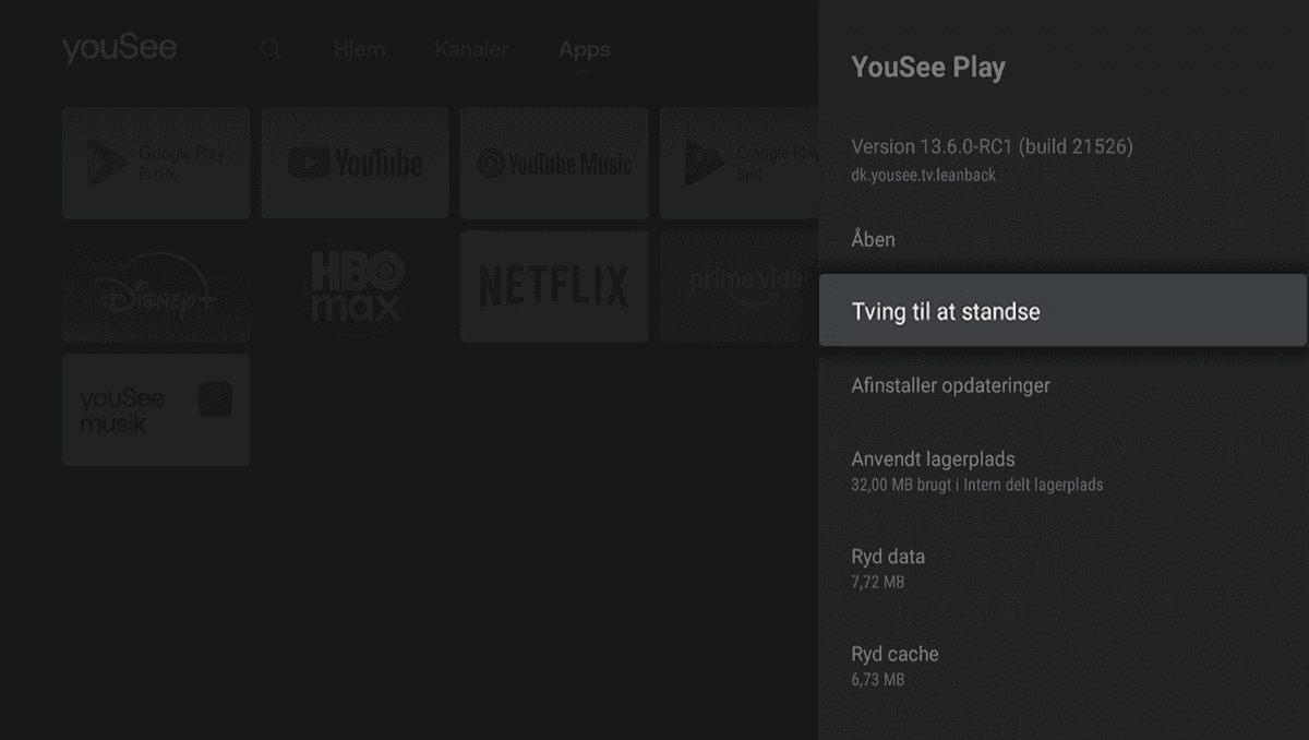 Mørk drop down menu åbnet i højre side, hvor kategorien Tving til at standse er fremhævet og valgt.