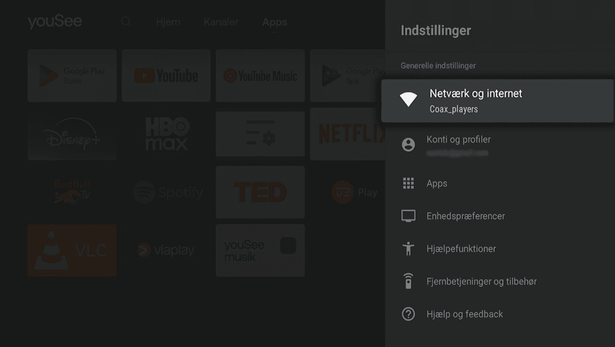 Indstillinger-menuen er åben i højre side, hvor kategorien Netværk og internet er markeret og viser det aktive netværk Coax_players.