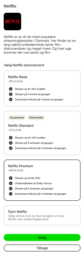 Øverst et Netflix-logo på sort baggrund med rød tekst. Herunder 3 muligheder for et Netflix-abonnement. Du kan vælge Basis, Standard og Premium. I bunden er der en grøn knap med teksten "vælg" og under den en hvid knap med teksten "tilbage".