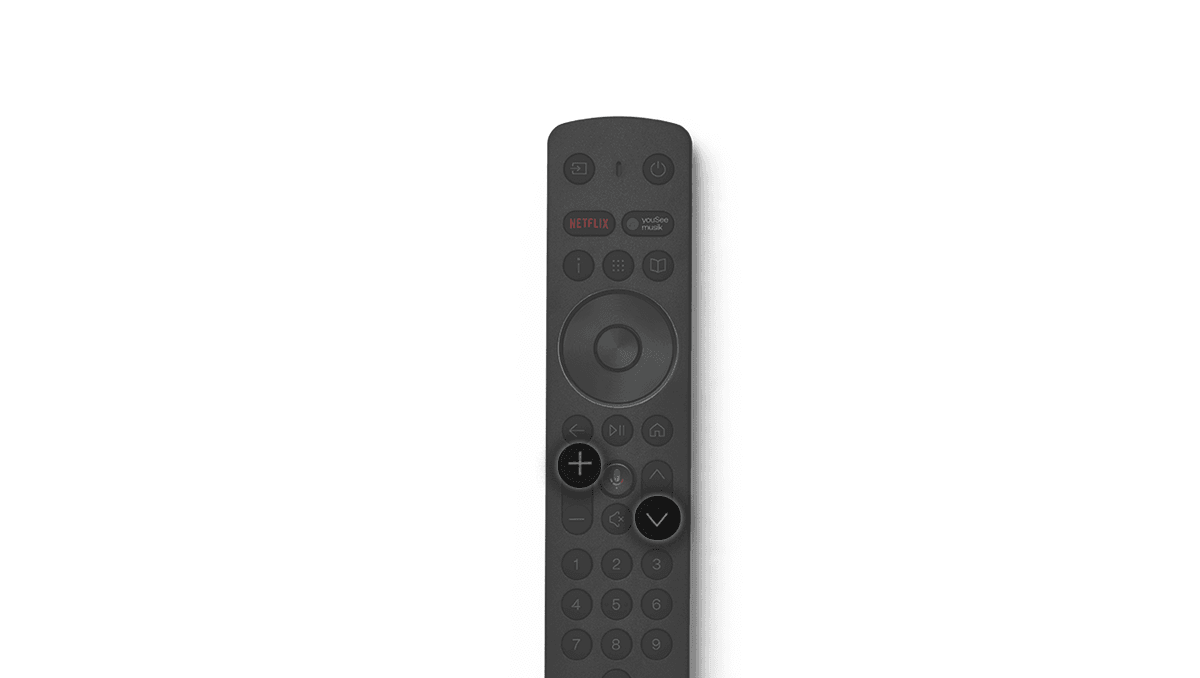 Sort YouSee Audio‑fjernbetjening på hvid baggrund med Lydstyrke op og Program ned fremhævet og valgt.