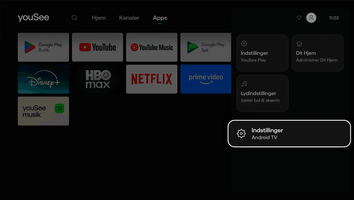 Drop down-menu i højre side er åbnet, og Indstillinger (Android TV) er fremhævet og valgt nederst.