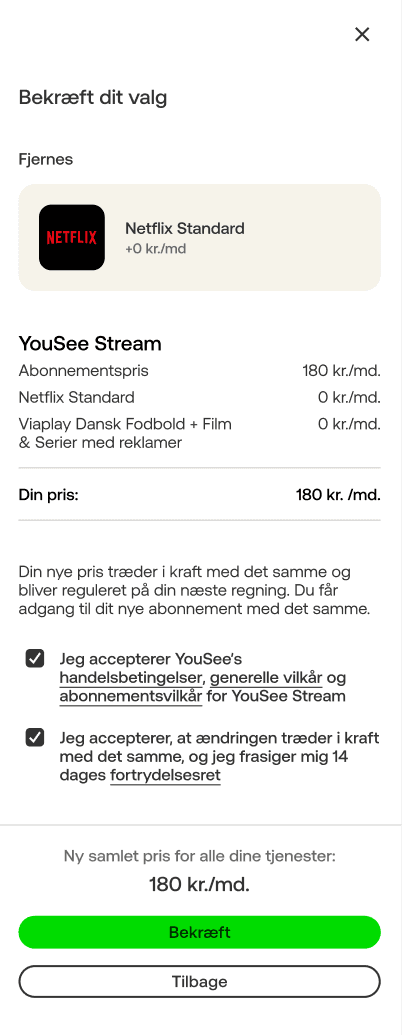 Bekræftelsesside for valg af YouSee Stream-abonnement med Netflix Standard til 180 kroner om måneden