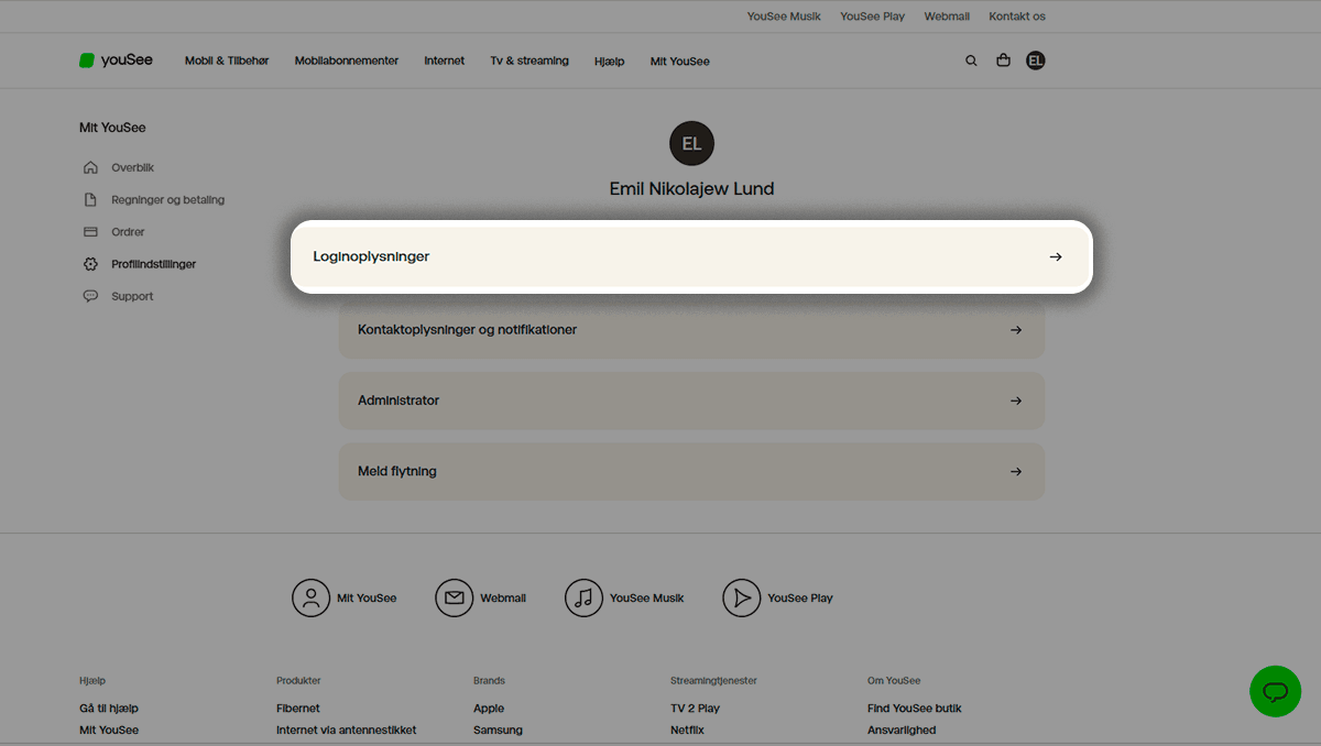 Skærmbillede af siden 'Profilindstillinger' med fremhævet knap 'Login' og en sektion med brugernavn og adgangskode samt linket 'Redigér'.