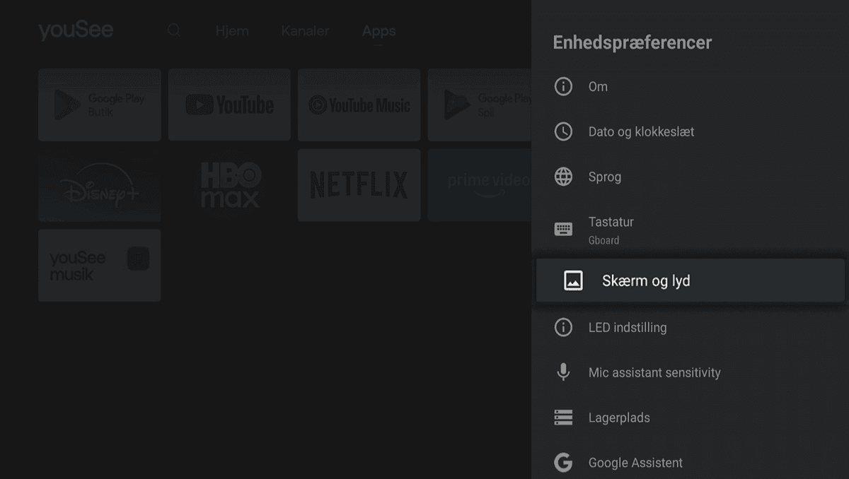 Drop down-menuen Enhedspræferencer er åben i højre side, hvor Skærm og lyd er markeret blandt indstillingerne.