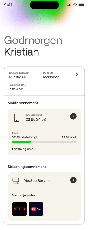 Skærmbillede af YouSee-app med oversigt over mobilabonnement og streamingabonnement samt forbrug og valgte tjenester