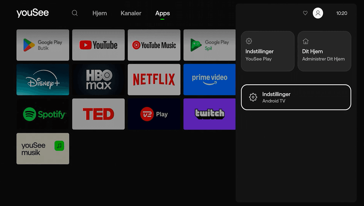 Skærmen viser Apps‑oversigten, hvor en mørk drop-down menu er åbnet i højre side med Indstillinger (Android TV) markeret.