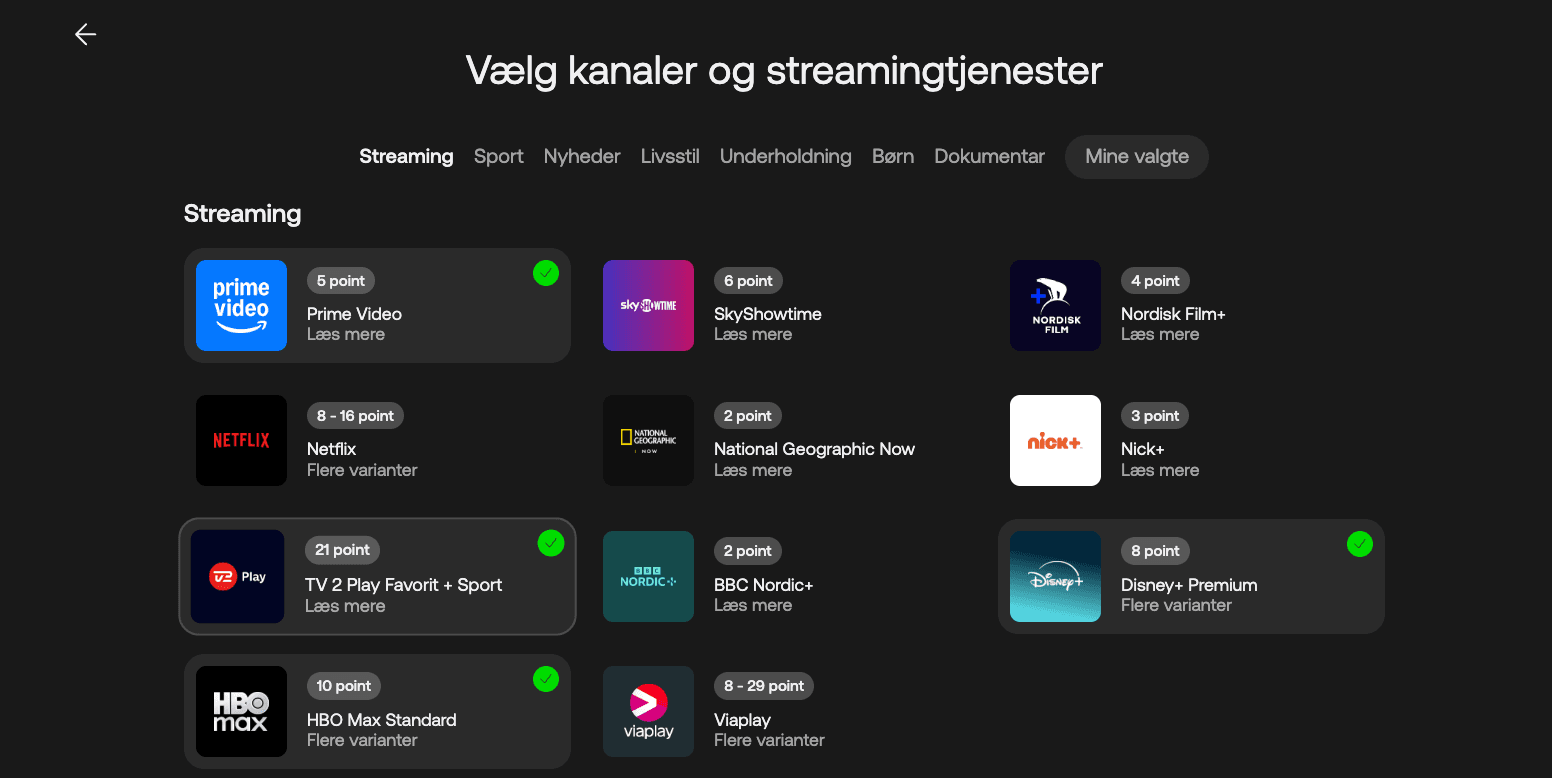 Oversigt over tilgængelige streamingtjenester med logoer, pointpriser og valgmuligheder i YouSee-grænsefladen.
