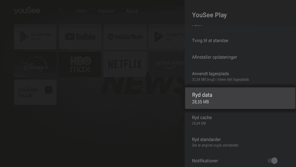Mørk drop down menu i højre side, hvor Ryd data er fremhævet og valgt under YouSee Play.