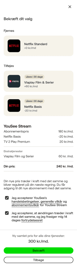 Oversigt over valg af streaming-abonnementer med Netflix Standard, Viaplay Film og Serier samt Netflix Basis, inklusiv priser og abonnementsvilkår for YouSee Stream