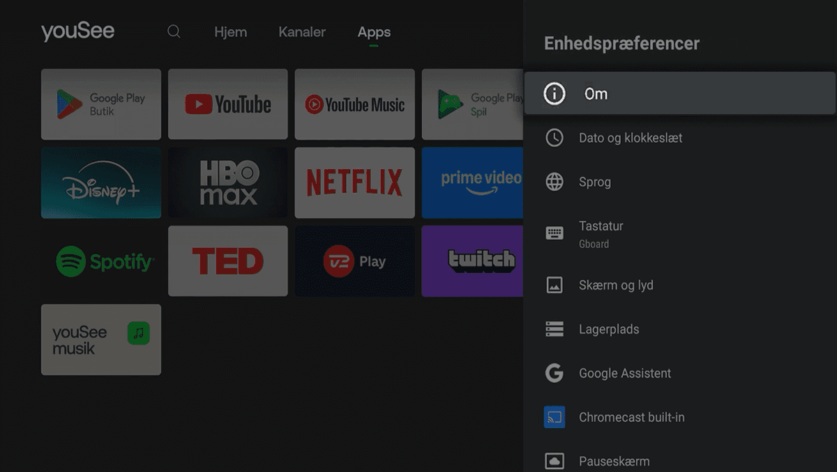 Mørk drop down menu i højre side, hvor Om er fremhævet og valgt under Enhedspræferencer.