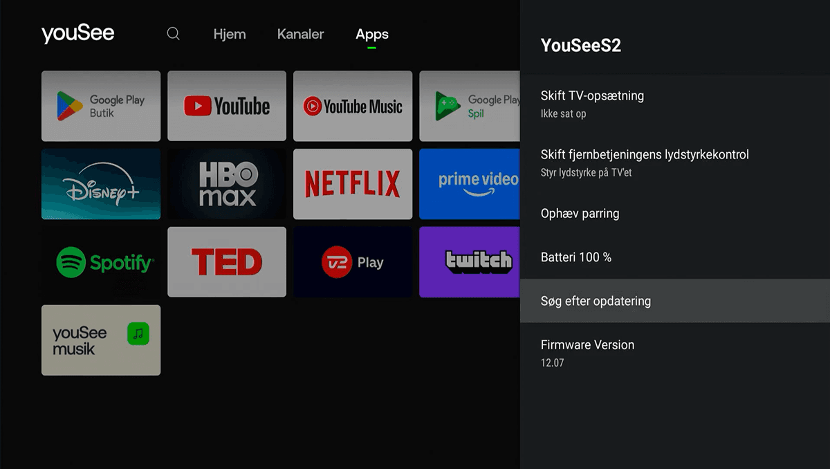 Skærmen viser drop down-menuen YouSeeS2 i højre side, hvor menupunktet Søg efter opdatering er markeret og valgt.