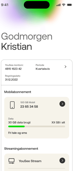 Oversigt over YouSee-kundeforhold med telefonnummer, abonnementer og dataforbrug i Min YouSee-appen