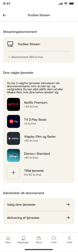 Oversigt over YouSee Stream-abonnement med valgte streamingtjenester som Netflix, TV 2 Play, Viaplay og Disney+ samt mulighed for at administrere tjenester.