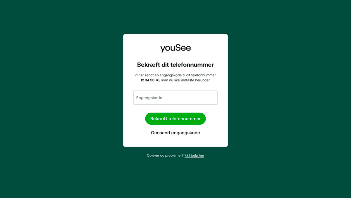 YouSee bekræft telefonnummer-skærm med felt til bekræftelseskode, grøn knap 'Bekræft nummer', samt links til 'Gensend bekræftelseskode' og 'Afbrud'