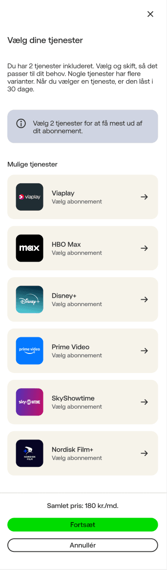 Oversigt over valgbare streamingtjenester inkluderet i abonnement, herunder Viaplay, HBO Max, Disney+, Prime Video, SkyShowtime og Nordisk Film+