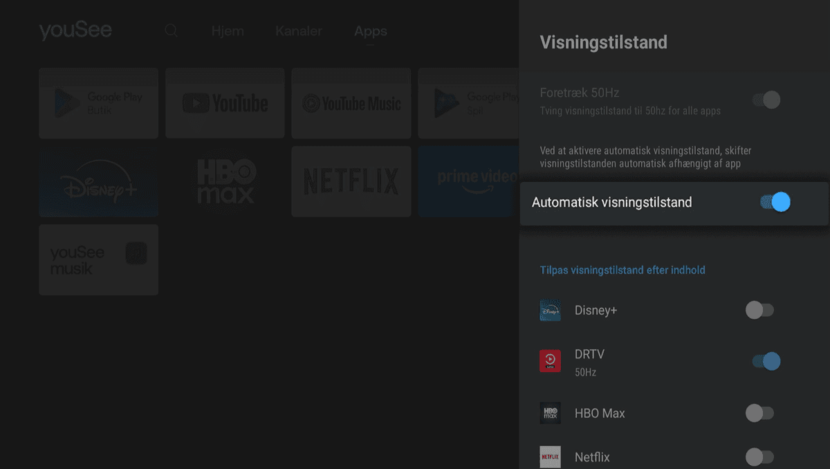Drop down-menuen Visningstilstand er åbnet i højre side, hvor Automatisk visningstilstand er slået til med blåt ikon, og apps vises nedenfor.