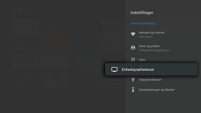 Mørk indstillingsmenu, hvor Enhedspræferencer er markeret i højre side under sektionen Indstillinger.