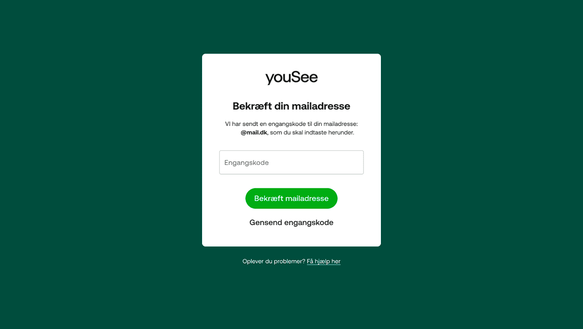 Bekræft din mailadresse-side fra YouSee med felt til indtastning af bekræftelseskode, grøn knap 'Bekræft mail' og link til at gensende kode.