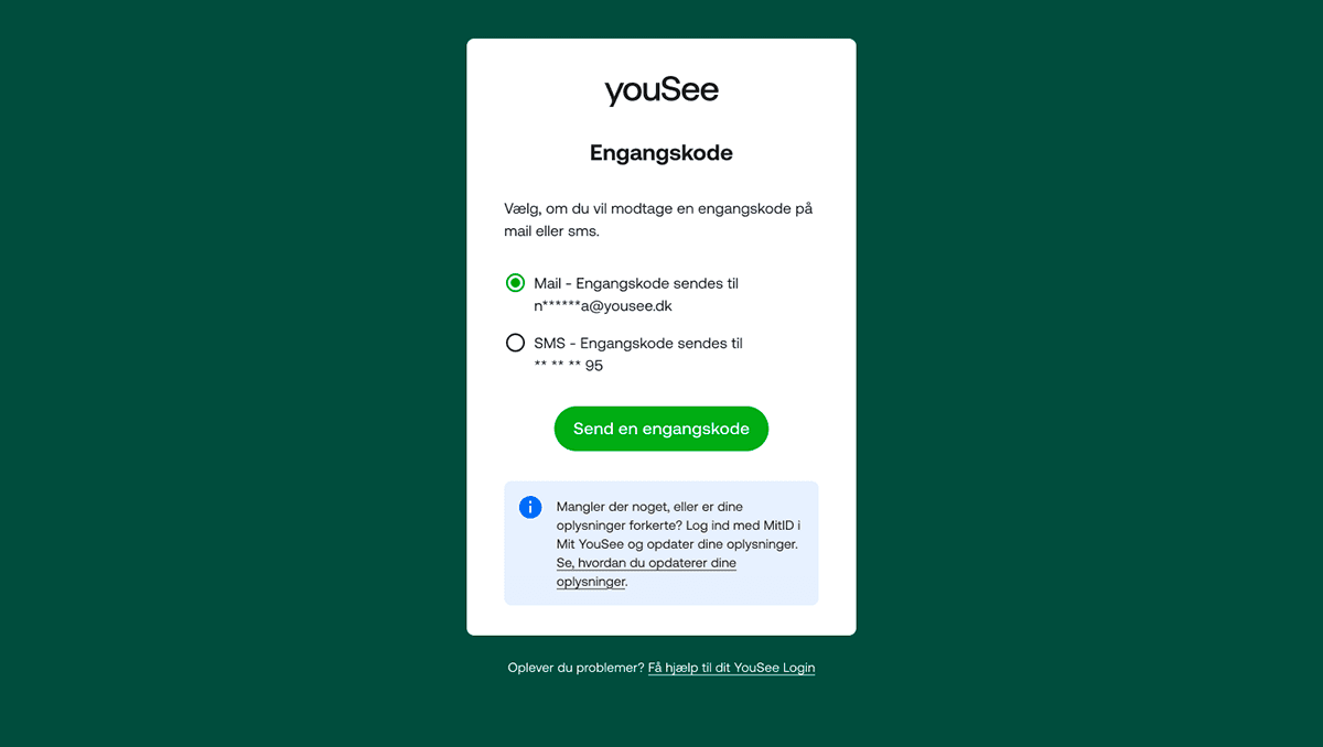 YouSee login-dialogboks hvor brugeren kan vælge at modtage engangskode via mail eller sms med grøn send-knap.