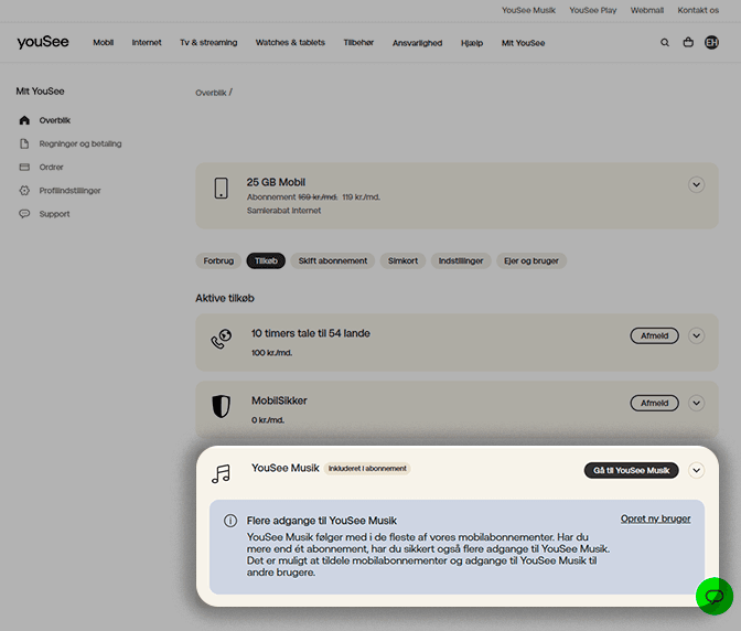 Under overeskriften Inkluderet i dit abonnement, kan du se, hvad dit abonnement består af